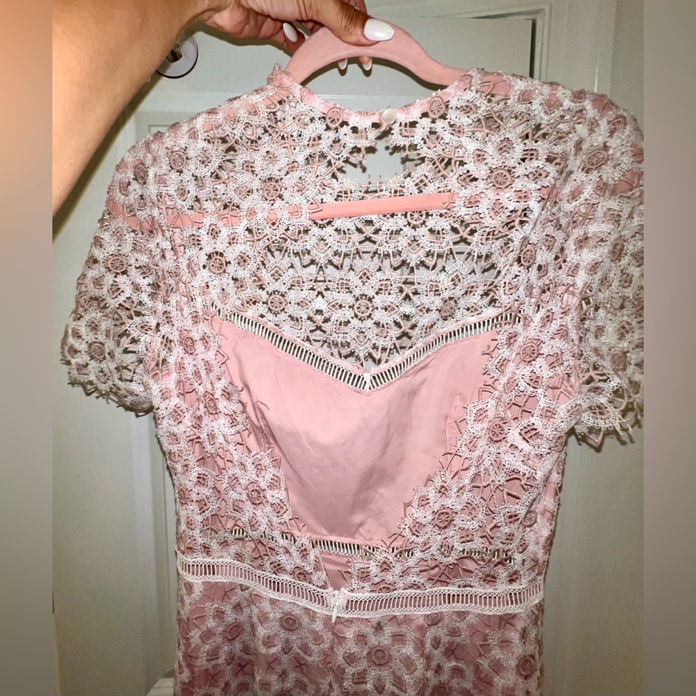 SAYLOR Lillie Lace Illusion Dress 
Illusion Neckline/Open Back 
MED 
BLUSH/IVORY - Picture 15 of 16
